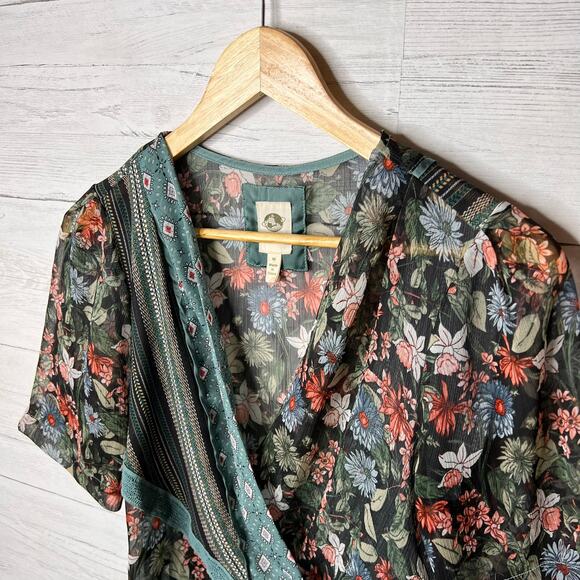 Anthropologie Tiny Blouse Womens Size Medium Teal Floral Geometric Sheer Wrap - Picture 7 of 16